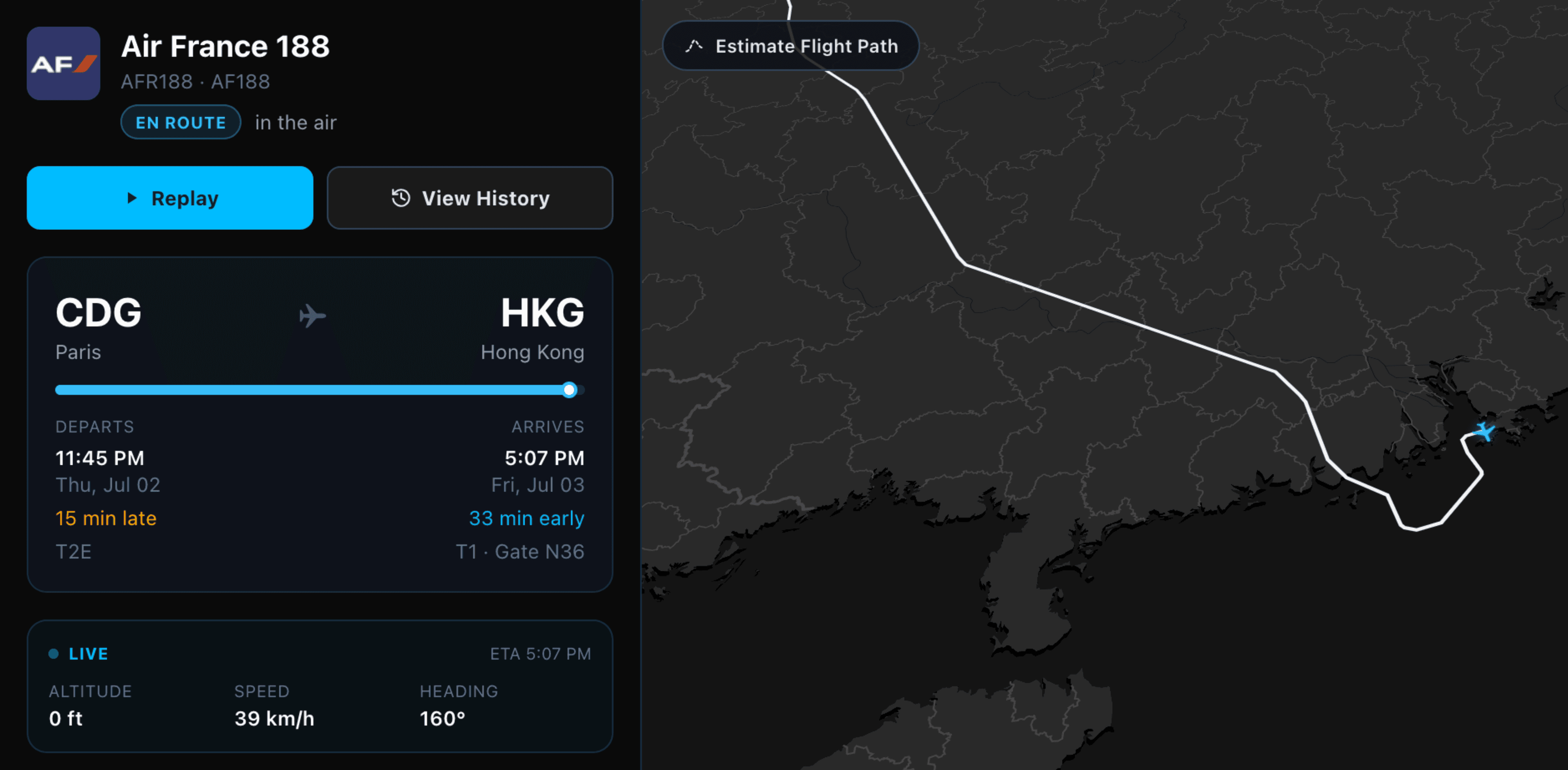 Flight Tracker following a live flight